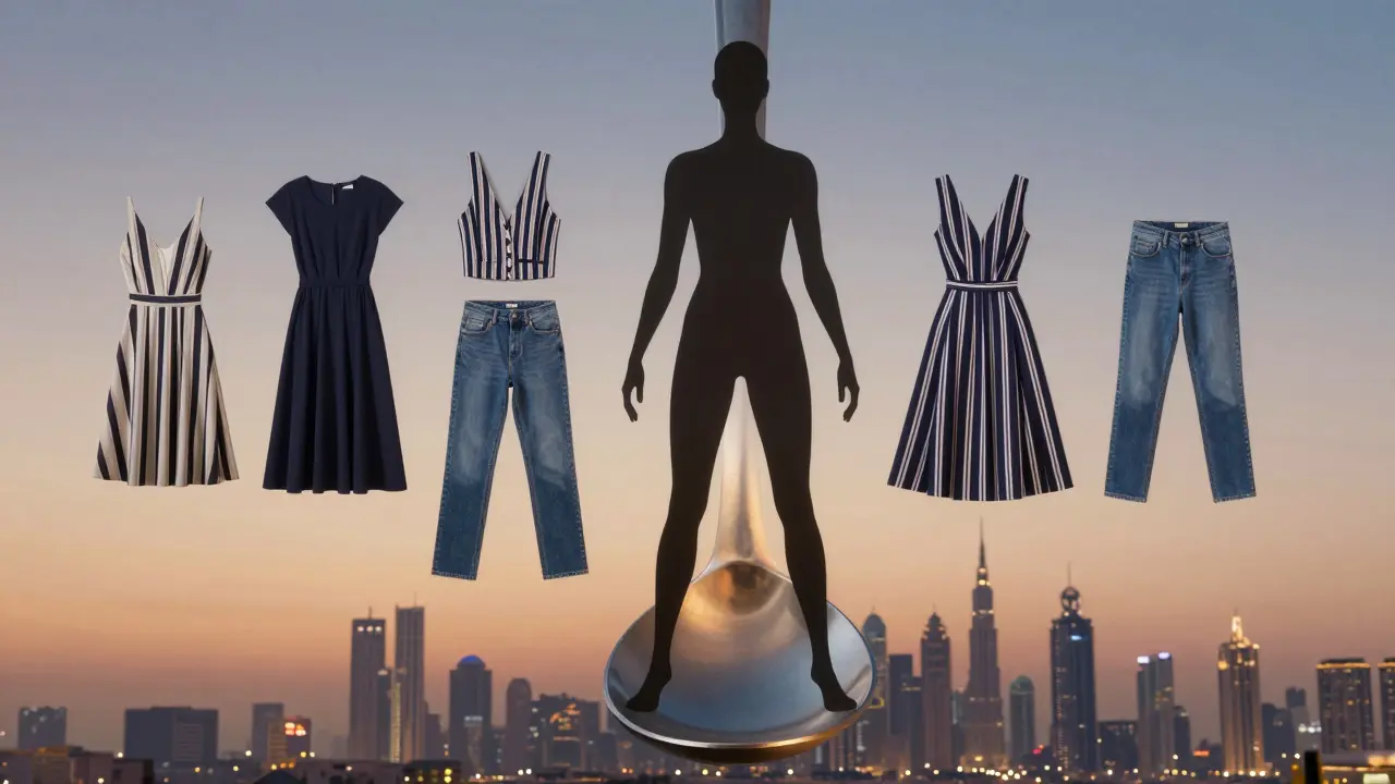 A spoon-shaped human silhouette surrounded by fashion items, symbolizing body-positive styling in Dubai.