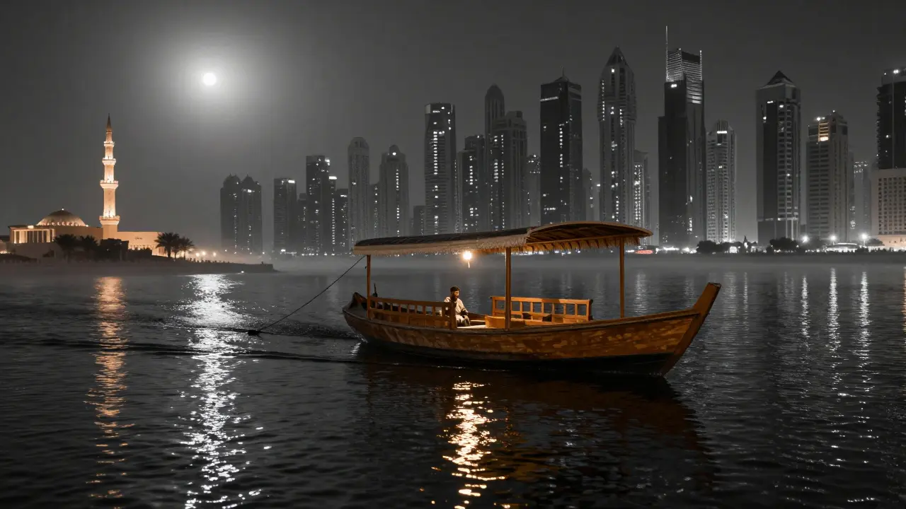 A traditional abra boat floats across Dubai Creek at midnight, reflecting the city&#039;s glowing skyline.