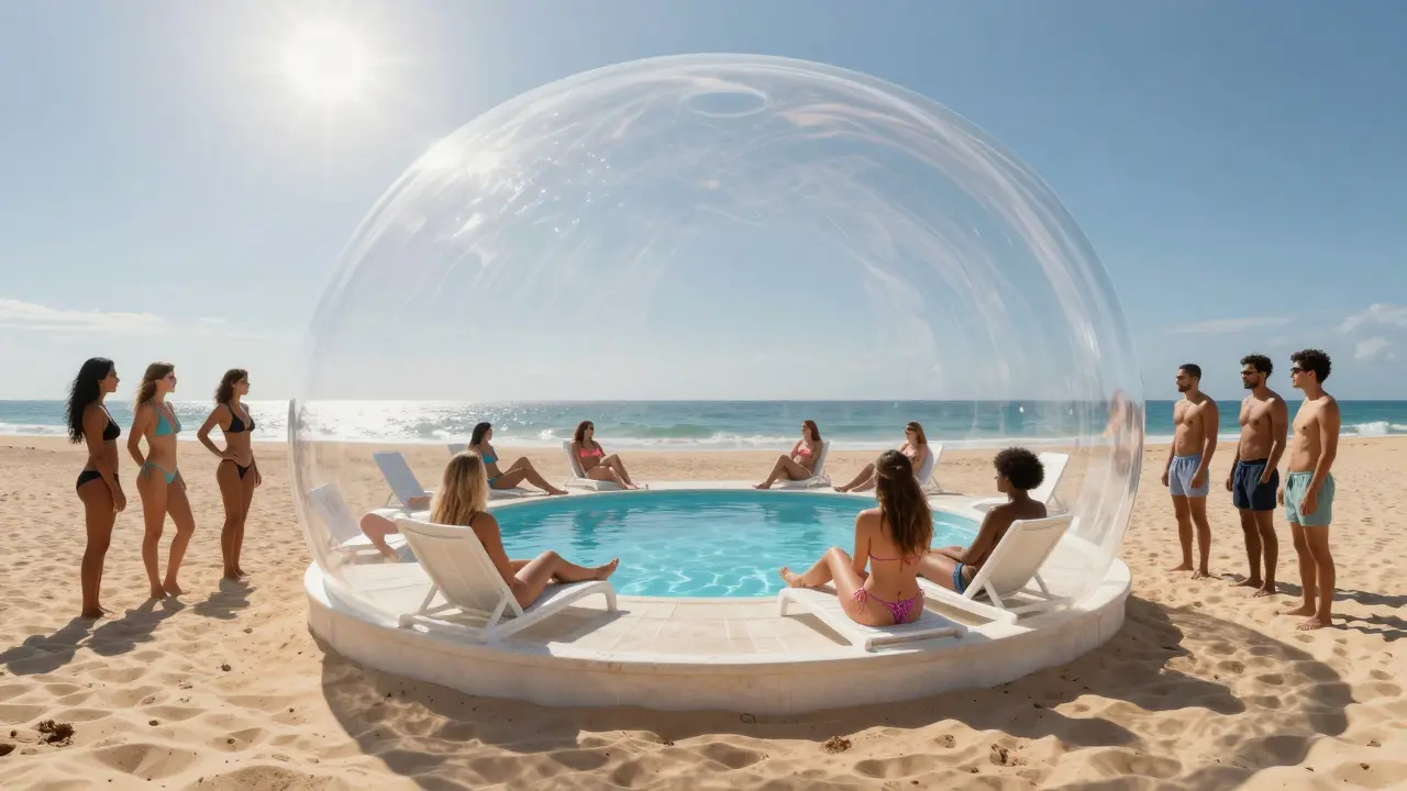 A transparent bubble separates private resort guests in bikinis from the public shore where people wear full-coverage swimwear.
