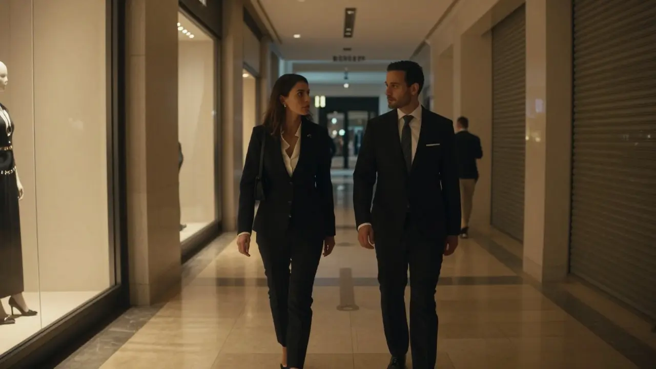 A traveler and companion walking peacefully through the empty, elegantly lit Dubai Mall after hours.