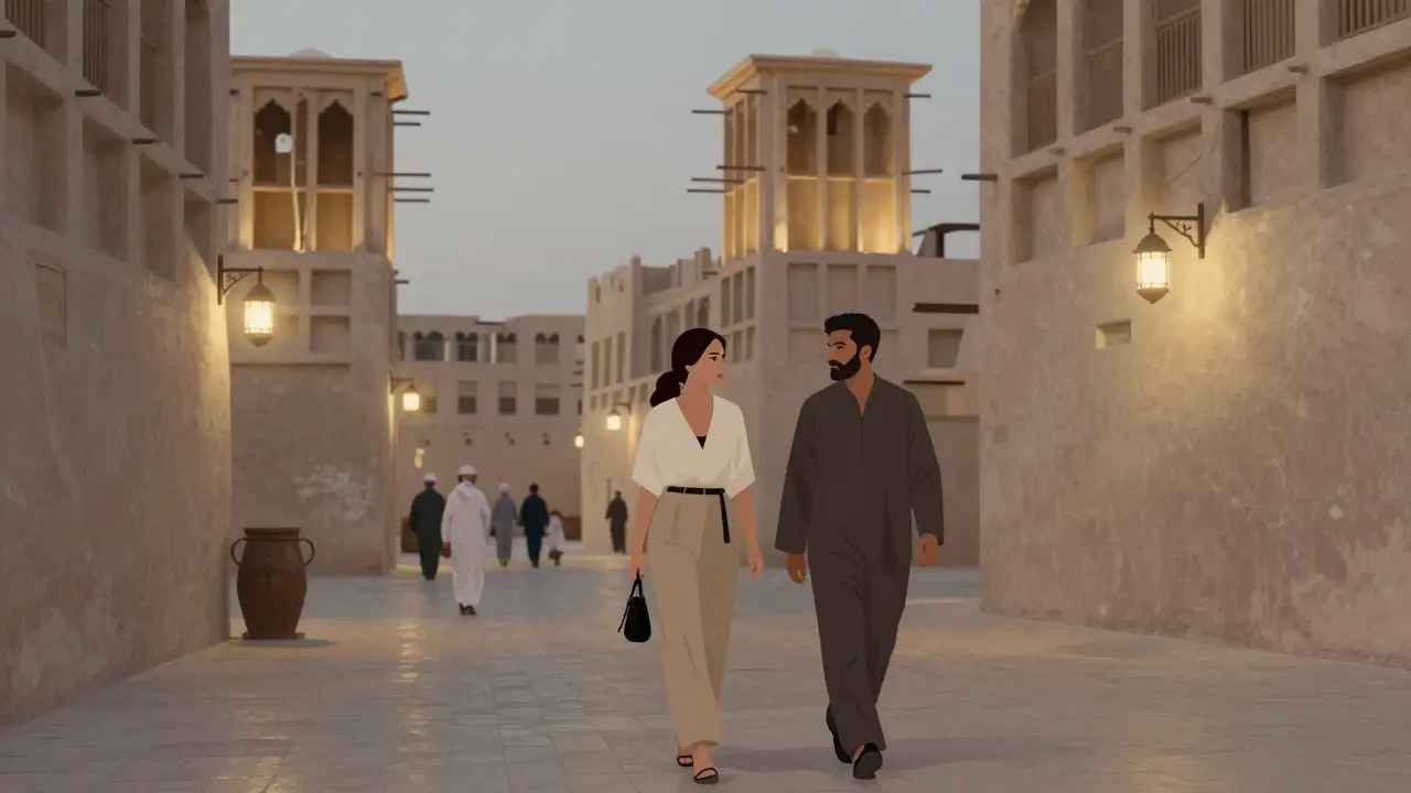 A woman and man walking together through the historic Al Fahidi district at dusk, surrounded by traditional architecture.