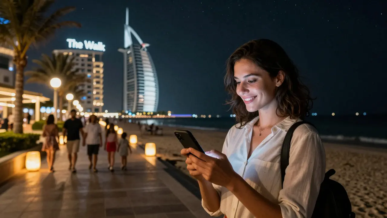 A woman checks her Careem app under the stars near JBR, with lit walkways and distant landmarks in the background.
