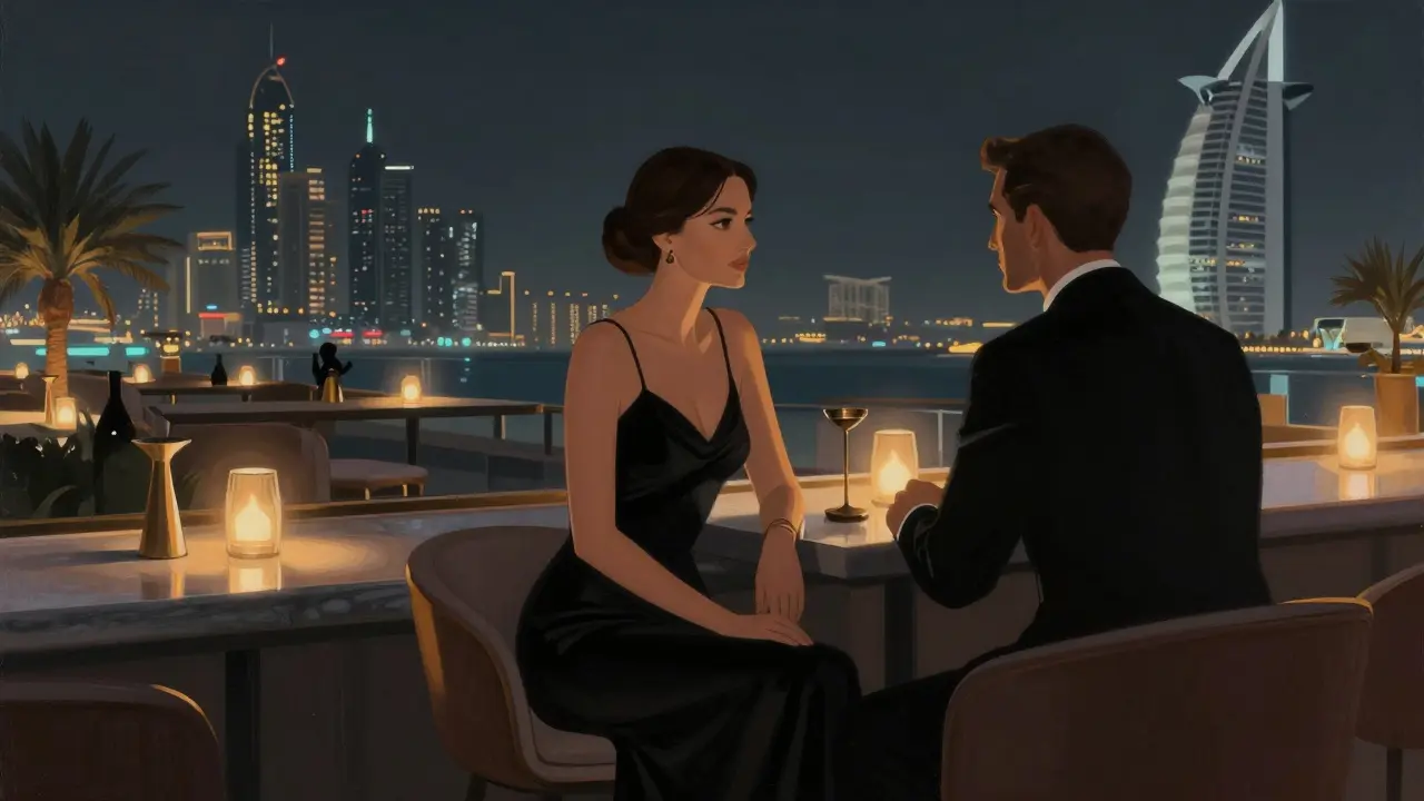 A woman in a black gown engaged in quiet conversation at a rooftop bar in Dubai, city lights glowing behind her.