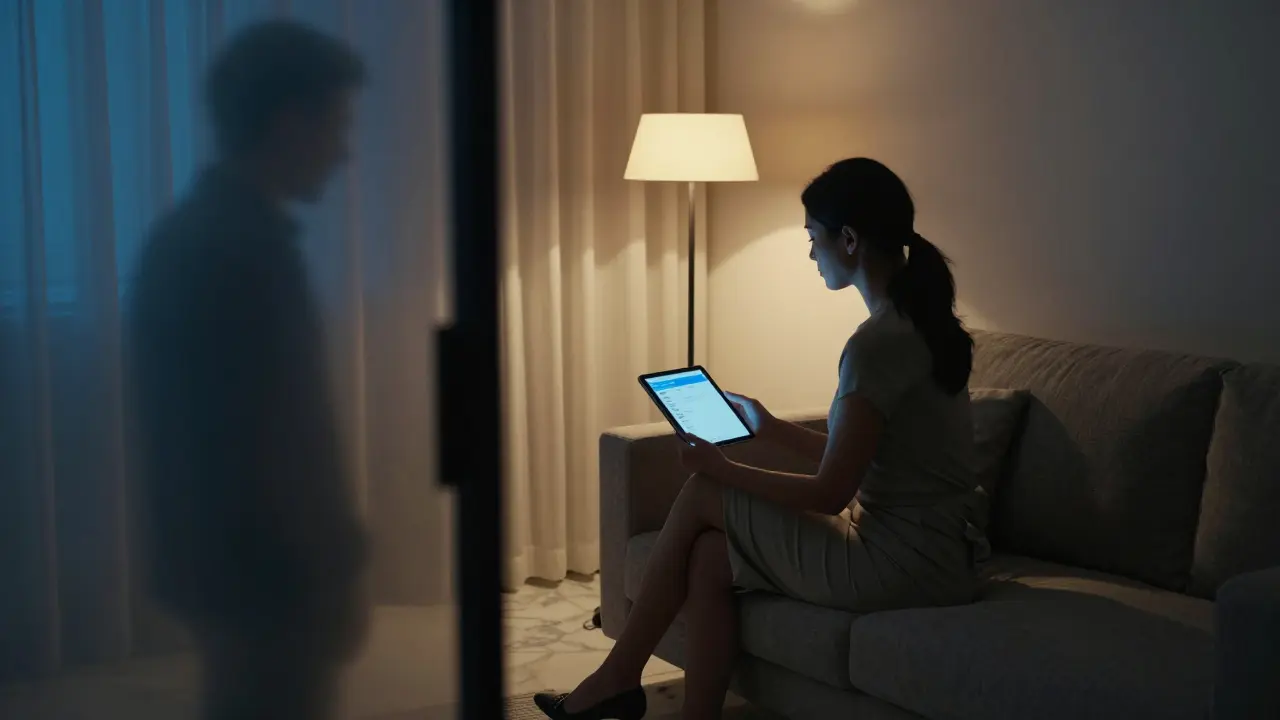 A woman in a private Dubai apartment reviewing a secure messaging app, soft ambient lighting, no faces shown.