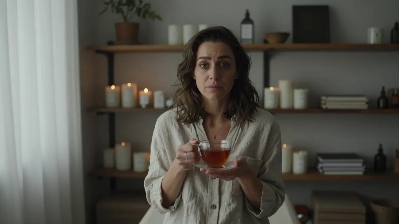 A woman in linen holds tea in a quiet wellness studio, soft light highlighting her tired yet radiant expression.