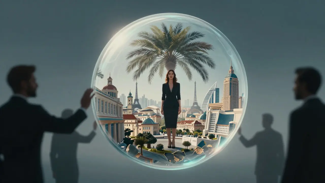 A woman inside a glowing glass sphere surrounded by images of European cities and luxury symbols.