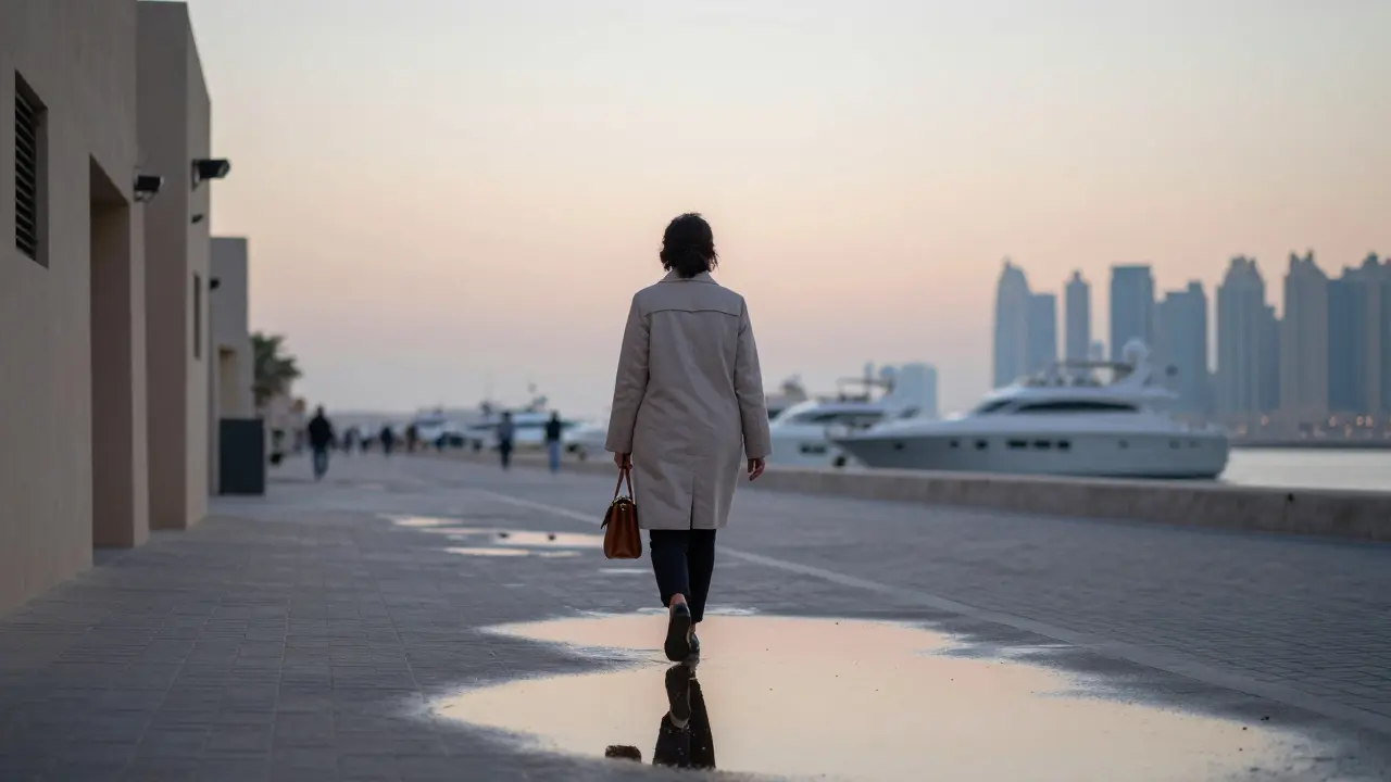 A woman walking alone at sunrise beside Dubai Marina, reflection in a puddle, serene and solitary.