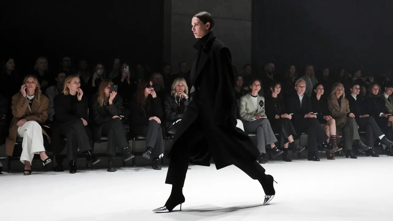 Amalie Sørensen opening Balenciaga runway, dramatic smoke, stark lighting, intense expression.