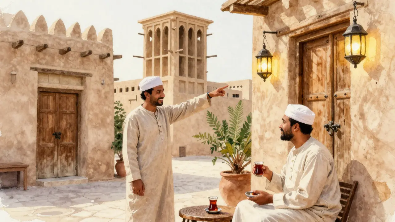 An escort and client in Al Fahidi district, sharing tea and conversation among traditional architecture and lantern light.