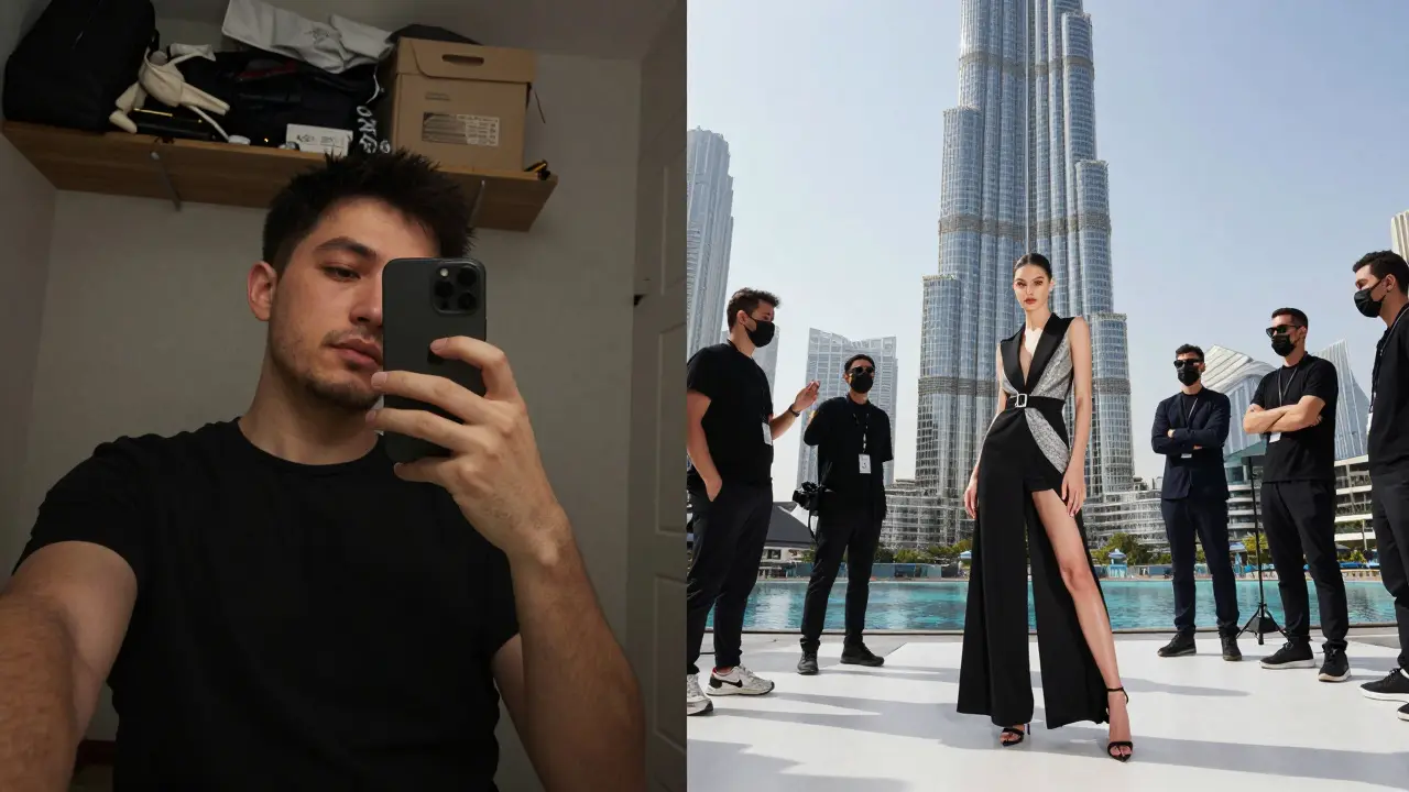 Contrast between casual phone selfie and high-end model photoshoot in Dubai.