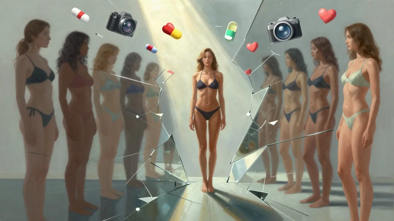 Fragmented mirror showing edited vs. real bodies, with one confident woman in bikini at center