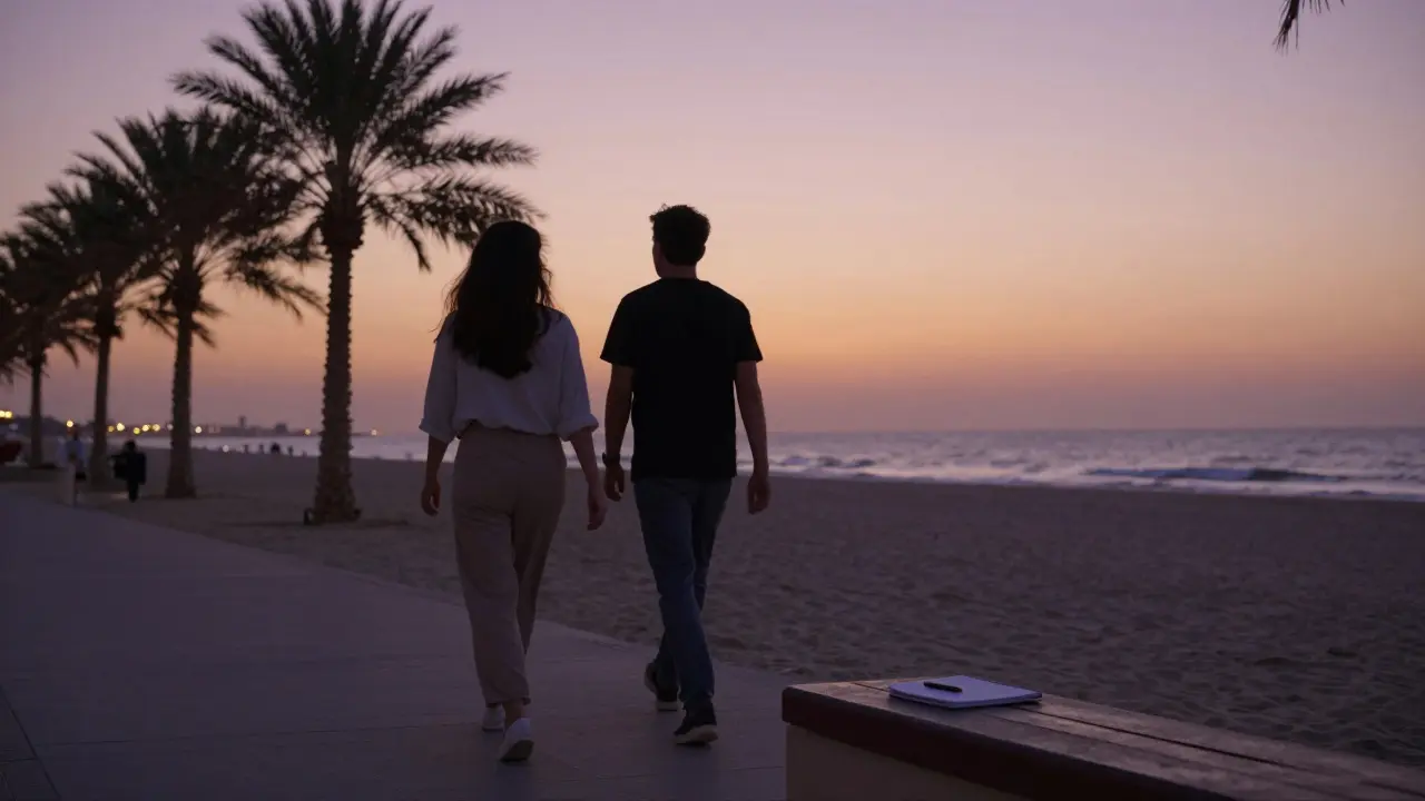 Man and woman walking peacefully along Jumeirah Beach at dusk, silhouetted against a colorful sky.