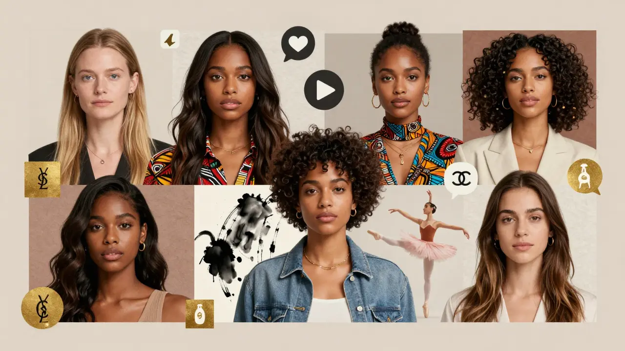 Mosaic of five top 2025 models representing global diversity in fashion and culture.