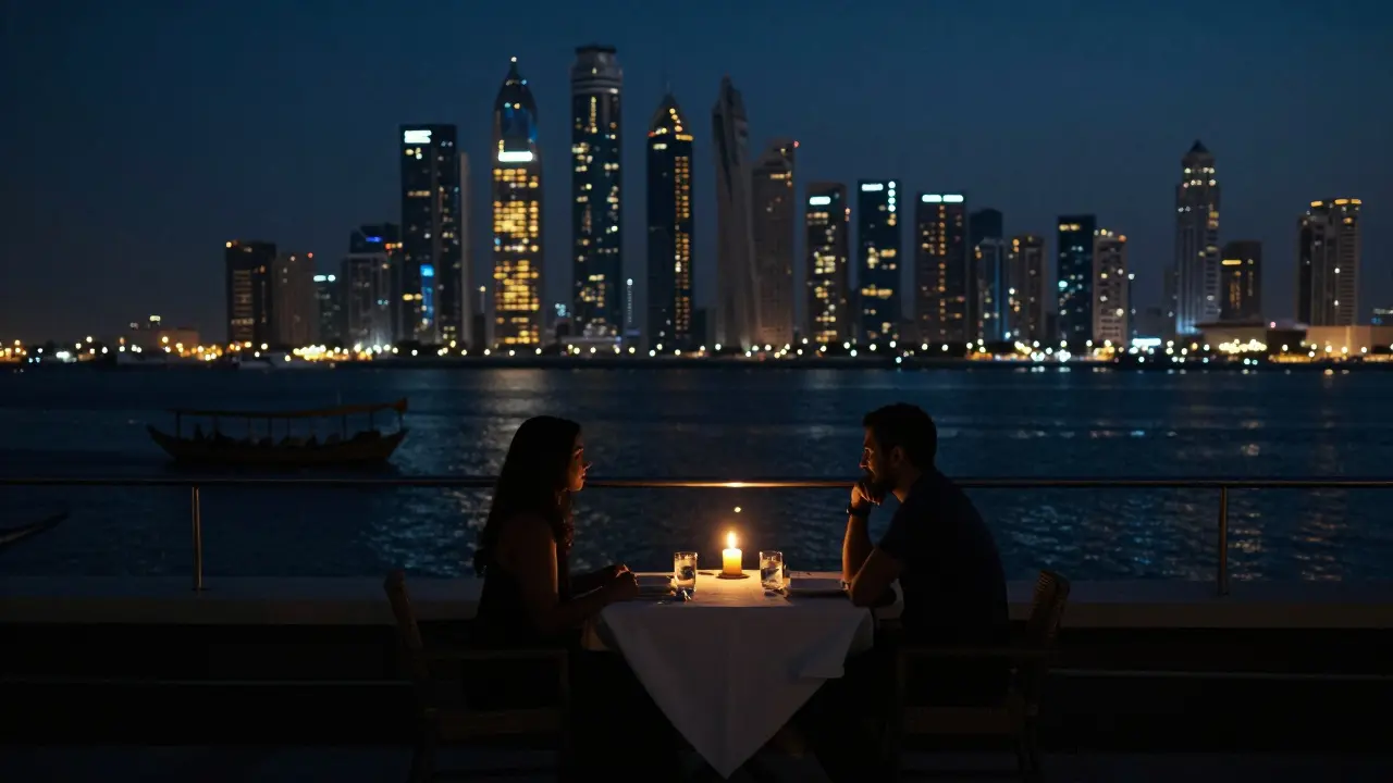 Rooftop dinner overlooking Dubai Creek at night with candlelight and dhow boats in distance.