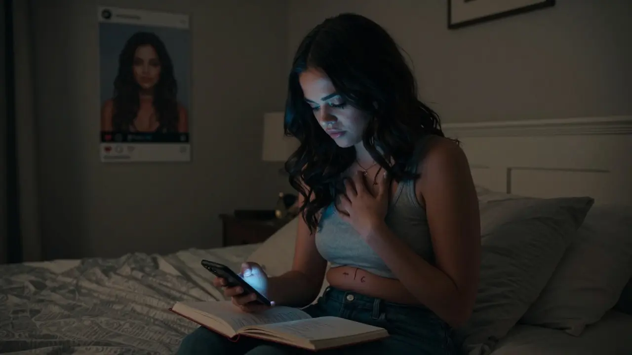 Selena Gomez sitting on her bed, touching her scar, illuminated by a phone showing supportive comments.