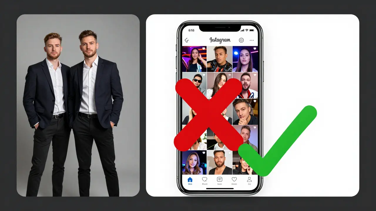 Split-screen: professional model portfolio vs. cluttered Instagram feed.