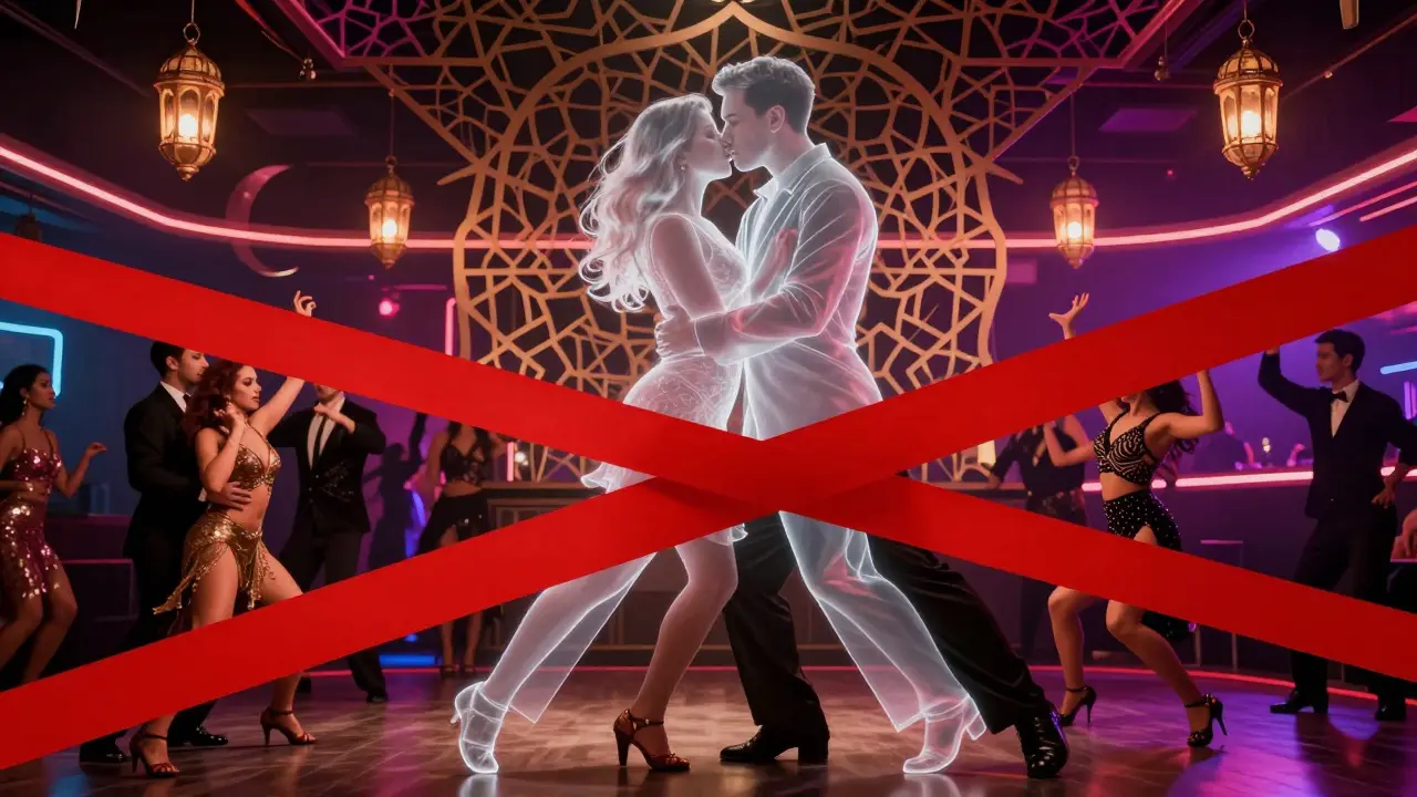 Symbolic image of a kiss blocked by a legal barrier in a Dubai nightclub, cultural contrast between freedom and restriction.