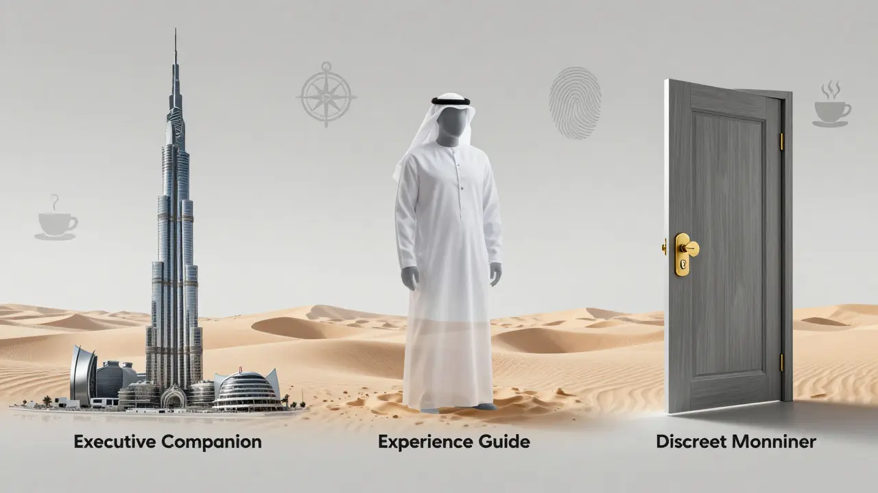 Three abstract figures symbolize different types of companions emerging from iconic Dubai landscapes.