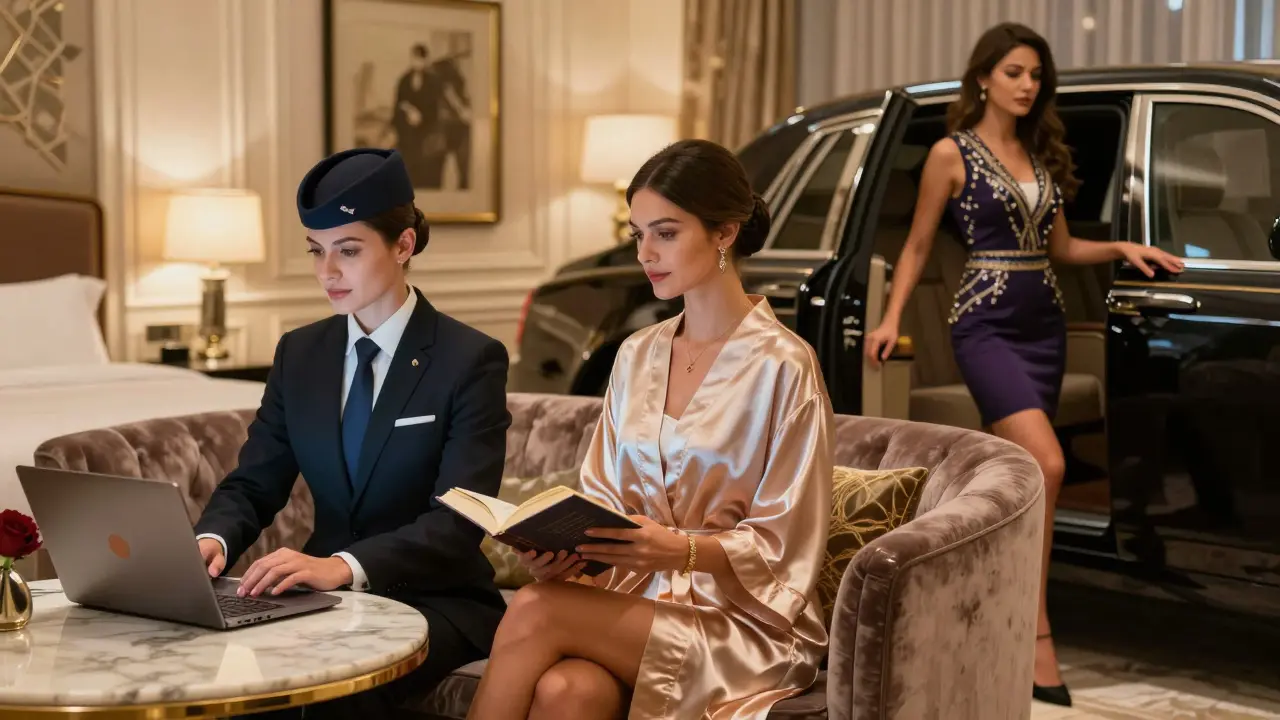 Three distinct profiles of Euro companions in a luxury Dubai hotel suite, each in different settings.