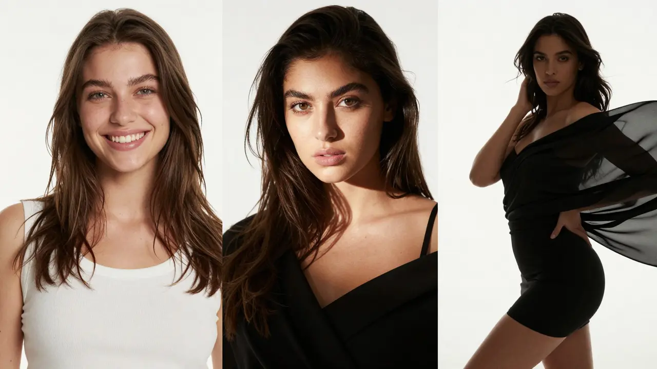 Three diverse models posing in minimalist studios, each embodying different styles of photogenicity.