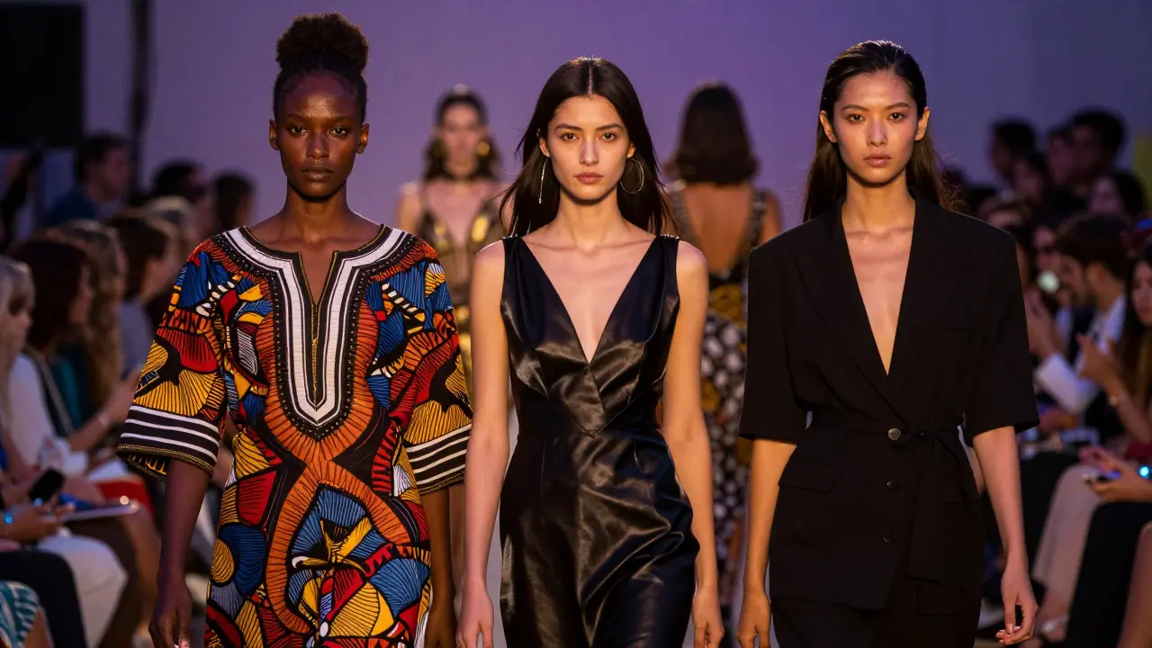 Three diverse women walk together on a global runway at dusk, each in distinct cultural attire, expressions powerful and united.