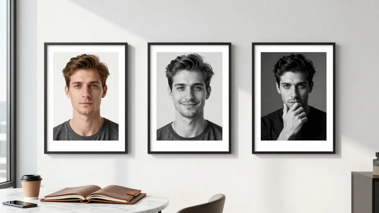Three professional headshot portraits displayed on a white wall in a modern studio with natural light.