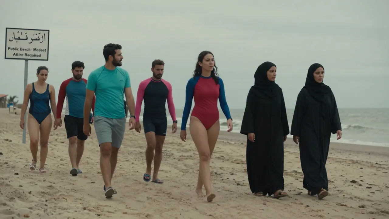 Tourists in modest swimwear walking past a sign on a public beach, locals observing quietly in traditional attire.