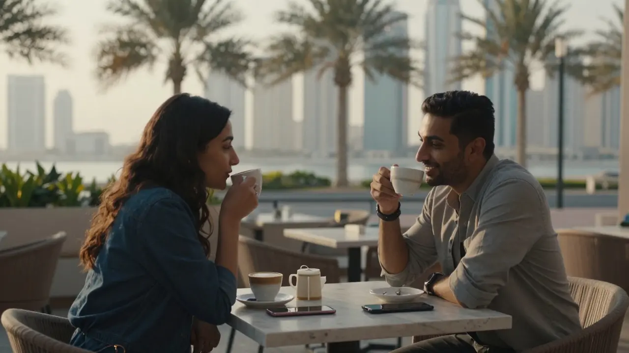 Two expats having a cautious coffee date in Dubai Marina, no public affection.