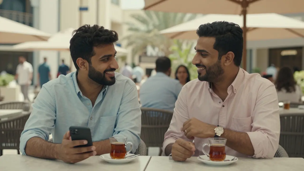Two expats share a quiet coffee at a Dubai café, maintaining appropriate personal space.