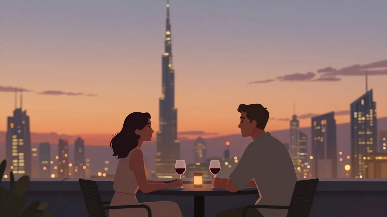 Two people at a rooftop bar at sunset, overlooking Dubai’s skyline with soft ambient lighting.