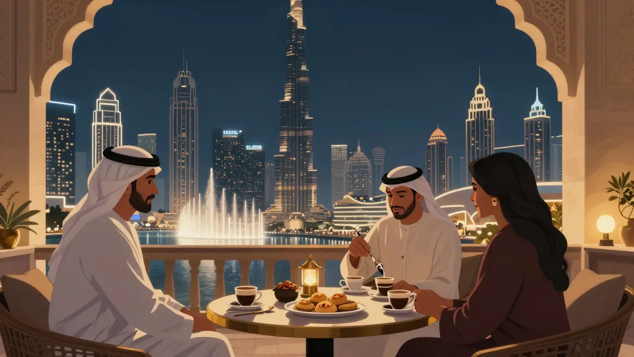 Two people enjoy quiet coffee on a luxury rooftop terrace overlooking Dubai&#039;s glittering city lights at night.