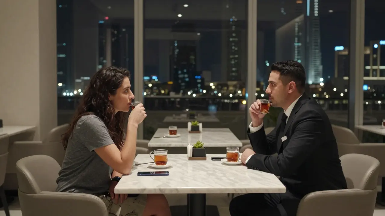 Two people having a calm, respectful conversation in a hotel lounge with Dubai's skyline visible through the windows.