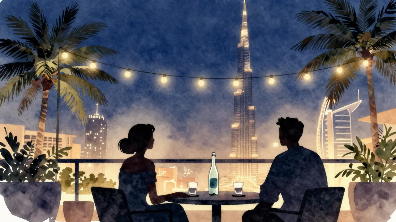 Two people on a rooftop at night, silently watching the Burj Khalifa lit up without any crowds.