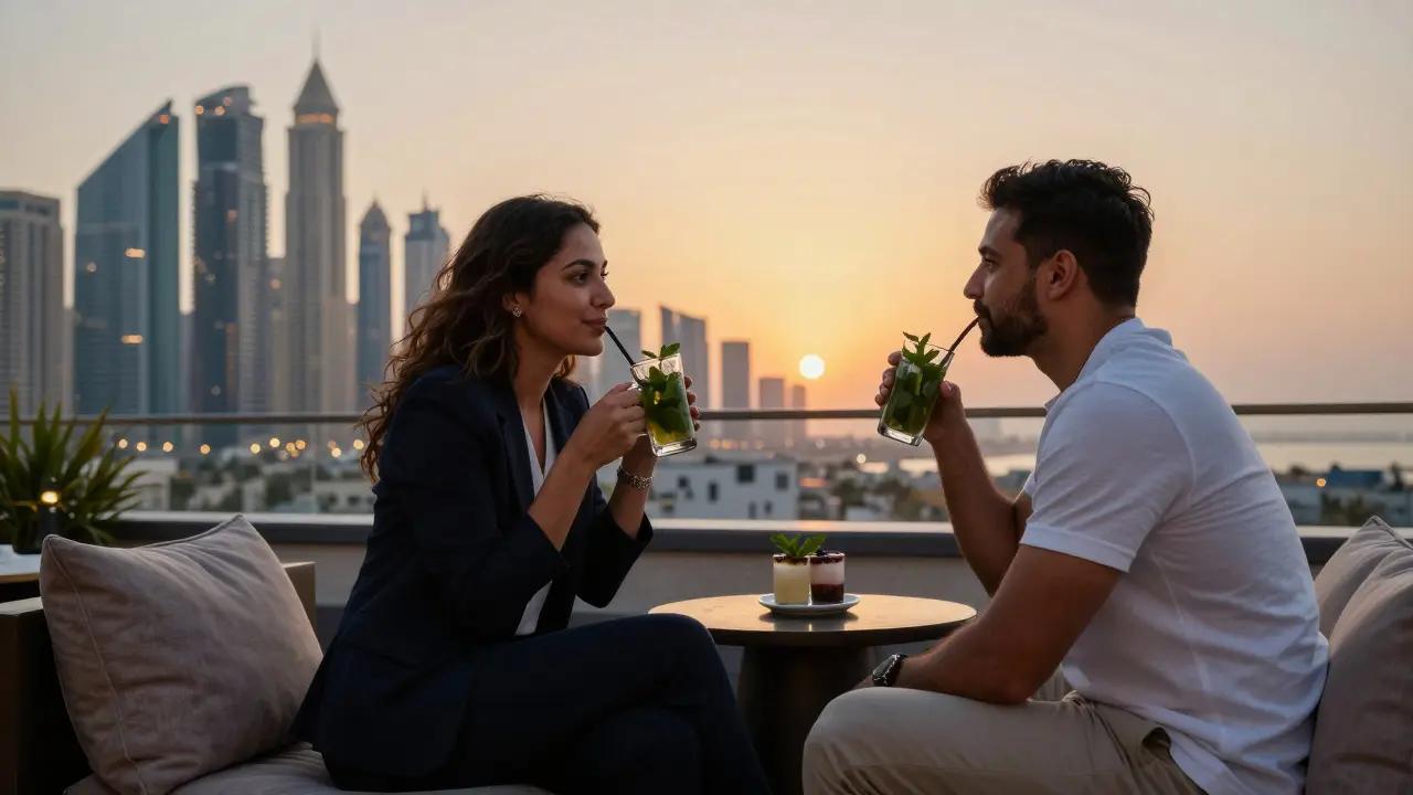 Two people on a rooftop lounge in Palm Jumeirah, watching the sunset over Dubai with calm companionship.