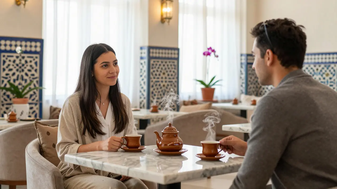 Two people sharing tea in a luxurious spa lounge, surrounded by elegant Arabic design elements.