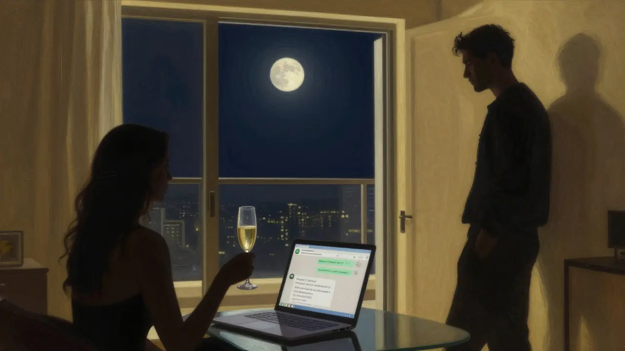 Two silhouettes in a modern Dubai apartment, one offering champagne, moonlight revealing quiet tension and unspoken boundaries.