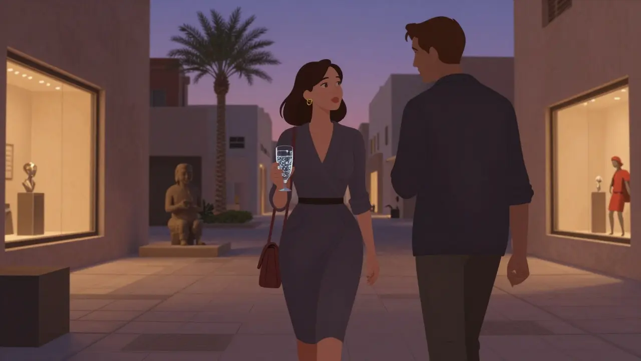 Woman and man conversing quietly among art installations in Alserkal Avenue during twilight.