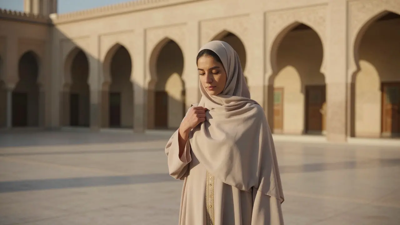 Woman covering her shoulders with a robe before entering a mosque in Dubai.