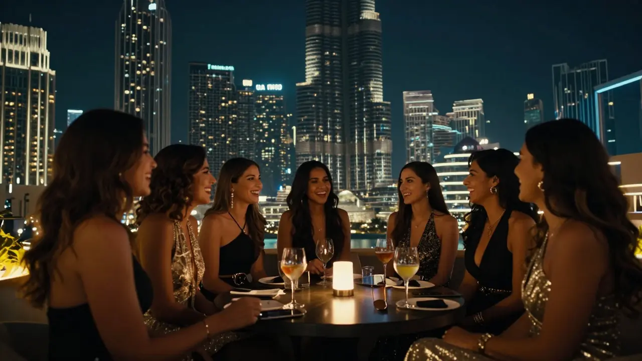 Women enjoying a night out at a Dubai rooftop bar with city lights in the background.