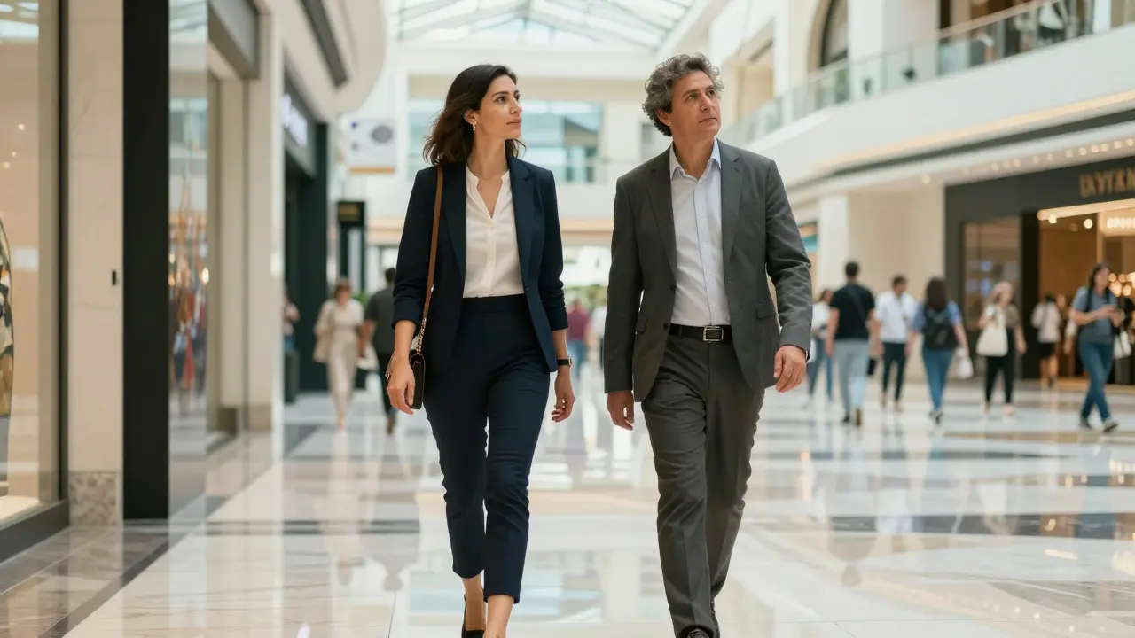 A client and companion walking through Dubai Mall, admiring an art installation.