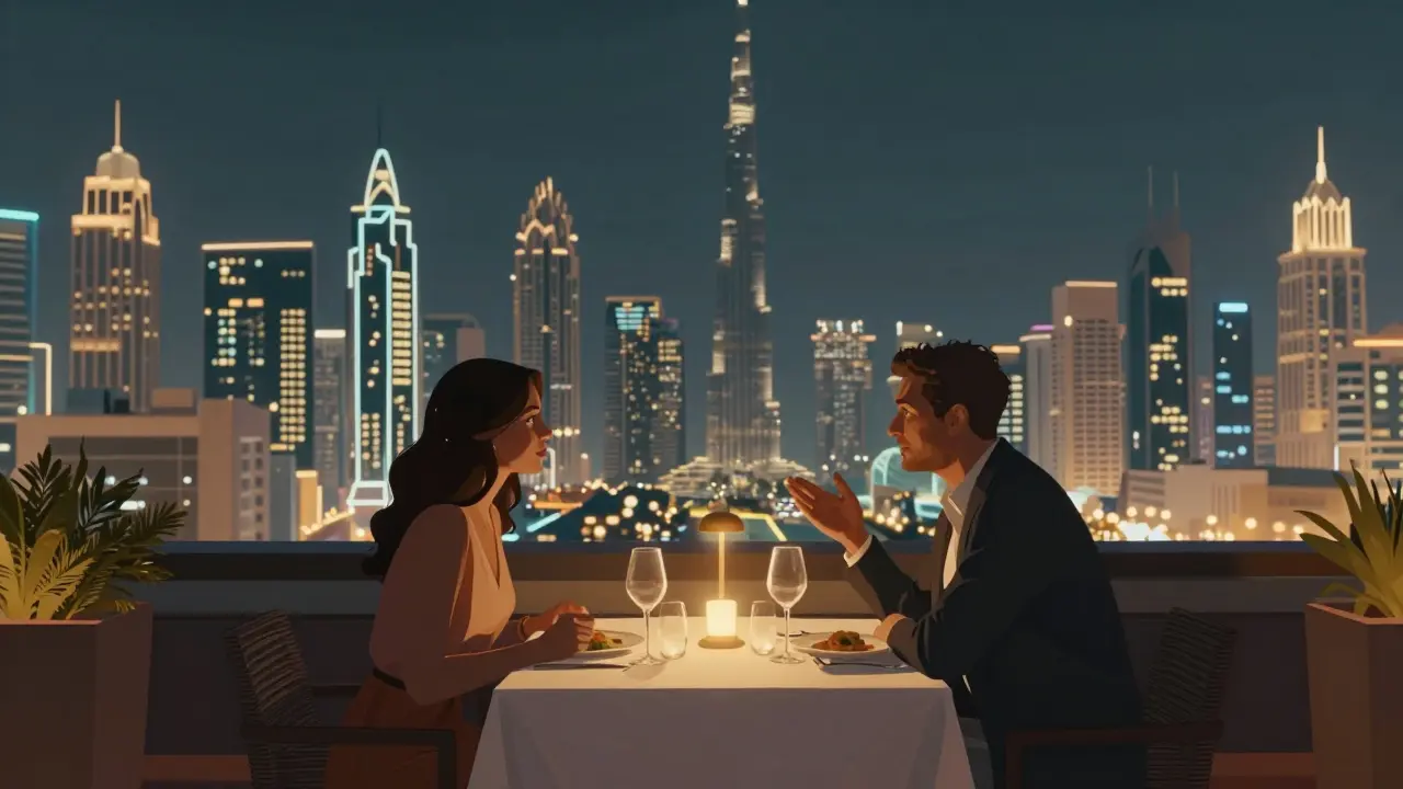 A couple enjoying dinner on a rooftop in Dubai with the city skyline glowing behind them.