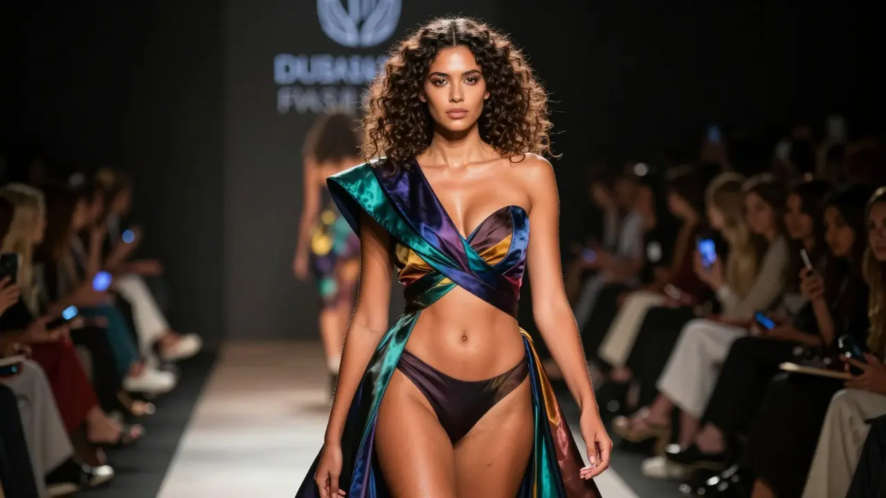 A curvy model walking a Dubai runway in a stunning gown, lit by dramatic spotlight.