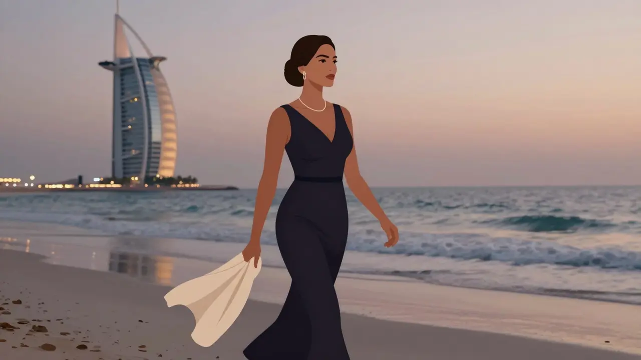 A dignified woman walking along Jumeirah Beach at dusk with the Burj Khalifa in the distance.