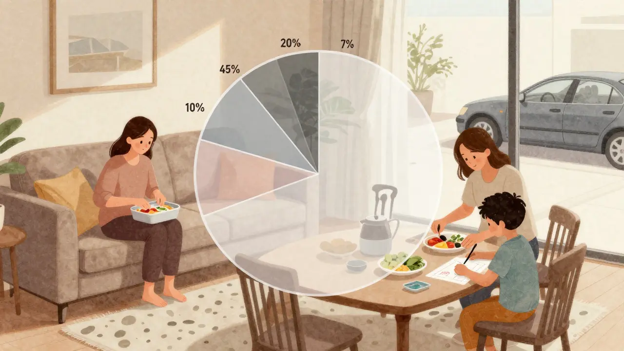 A family in a living room with a visual budget pie chart showing monthly expenses, no text, warm tones.