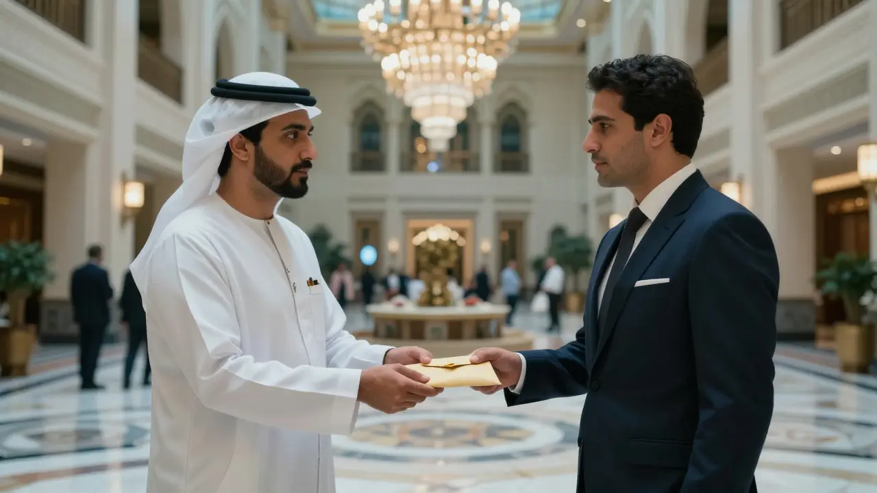 A hotel concierge in Dubai discreetly passing an envelope to a guest in a tailored suit.