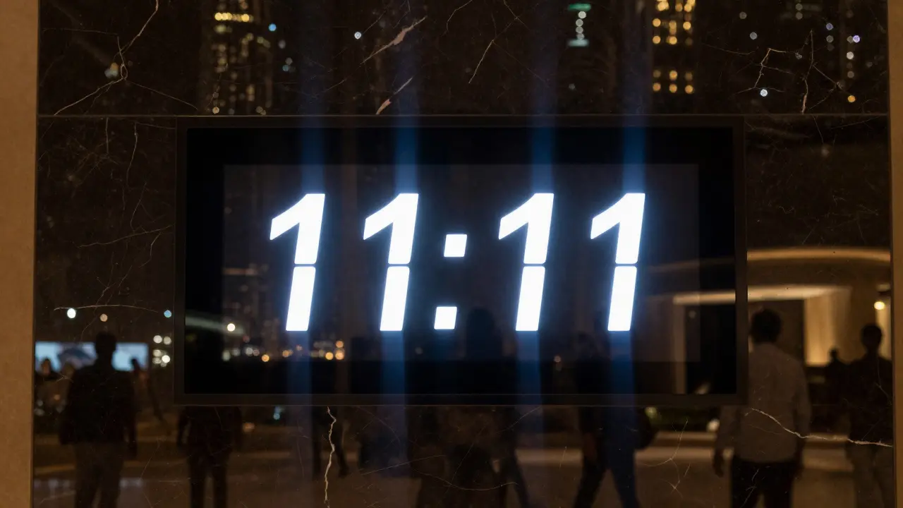 A luxury hotel digital clock showing 11:11, glowing against dark marble with reflections of Dubai’s city lights.