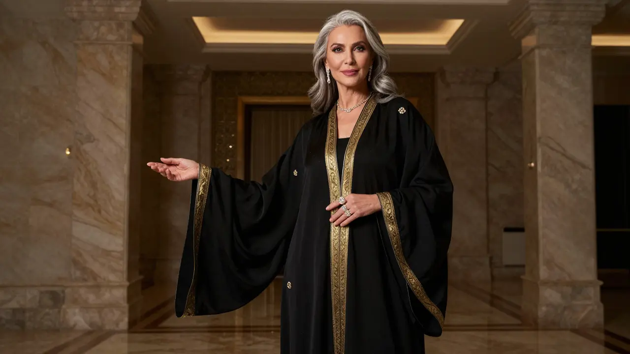 A mature woman in elegant abaya posing with luxury jewelry in Dubai.