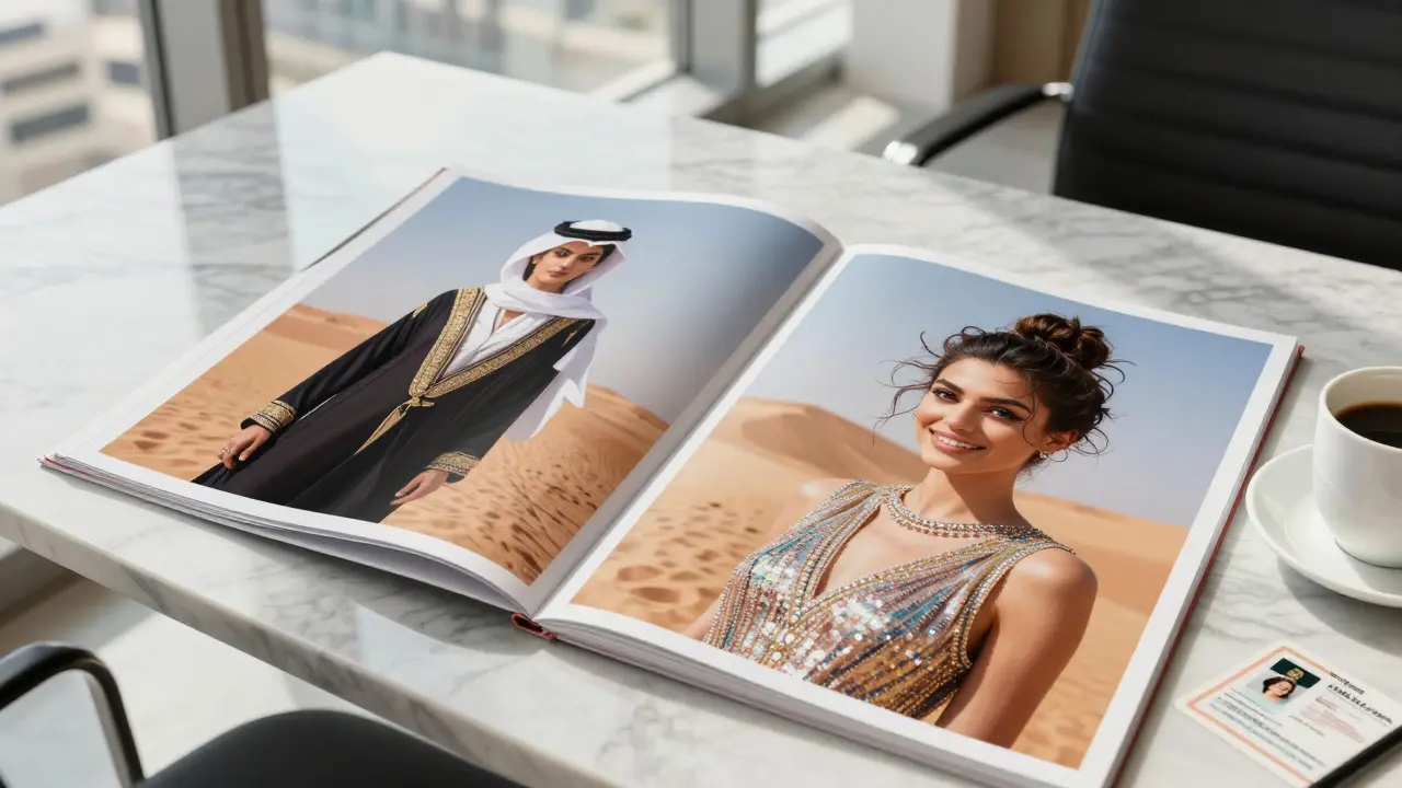 A model's portfolio on a marble table in Dubai, showing cultural adaptation and professional modeling work.