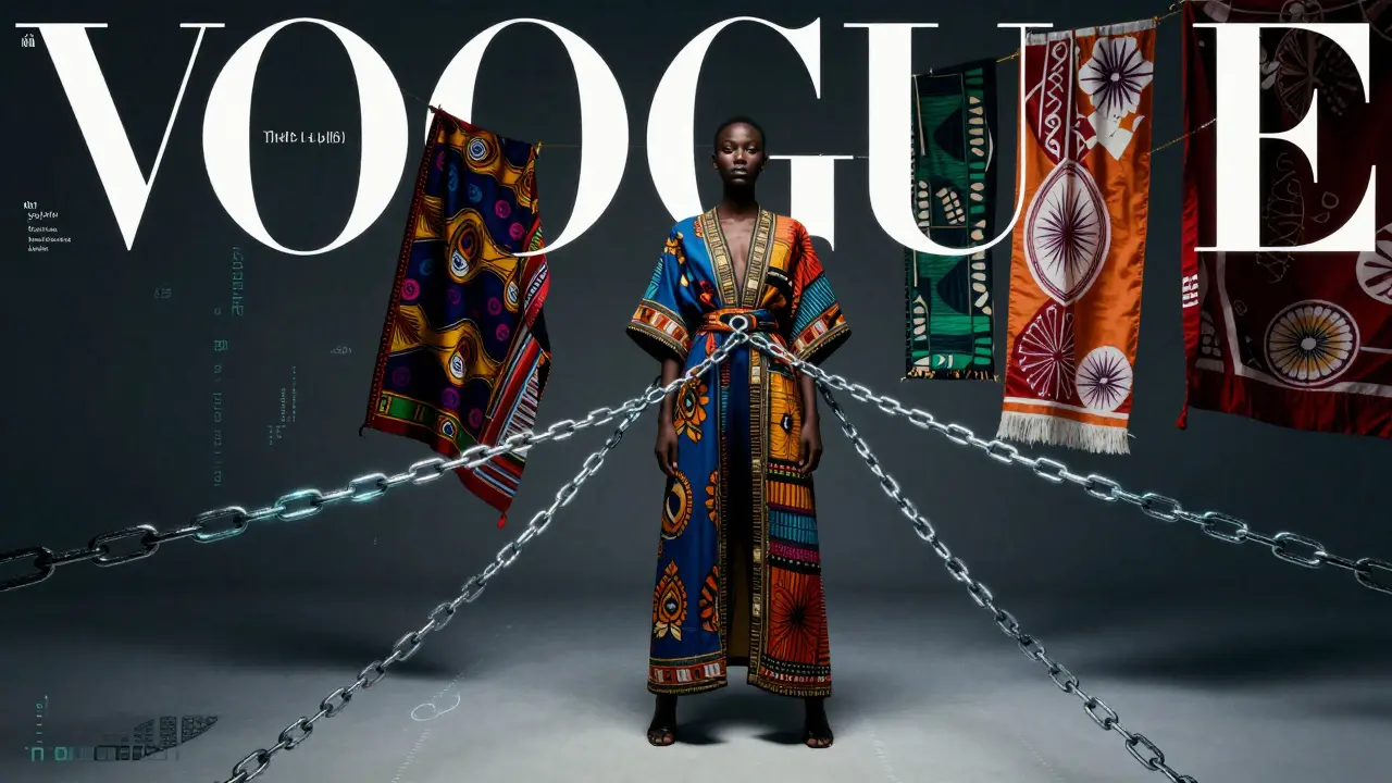 A model stands in a studio surrounded by glowing algorithmic chains, with cultural textiles floating around her.