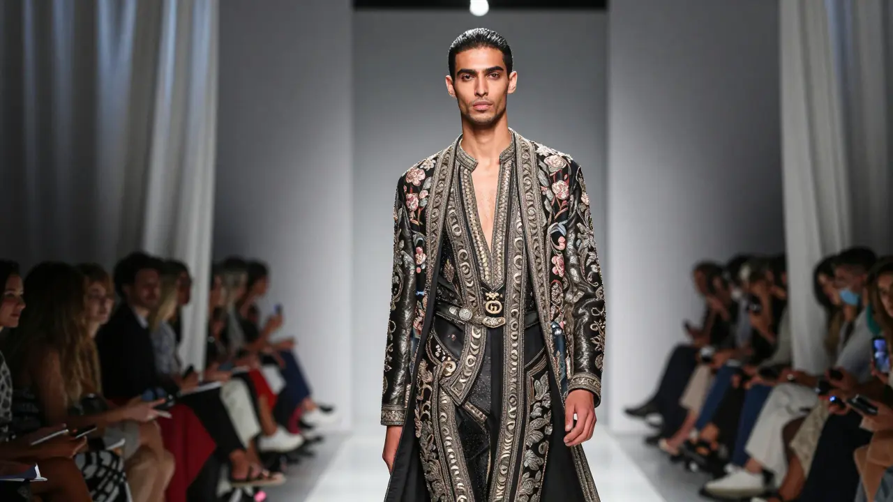 A model walks a runway at Dubai Fashion Week in elaborate Gucci attire under dramatic lights.